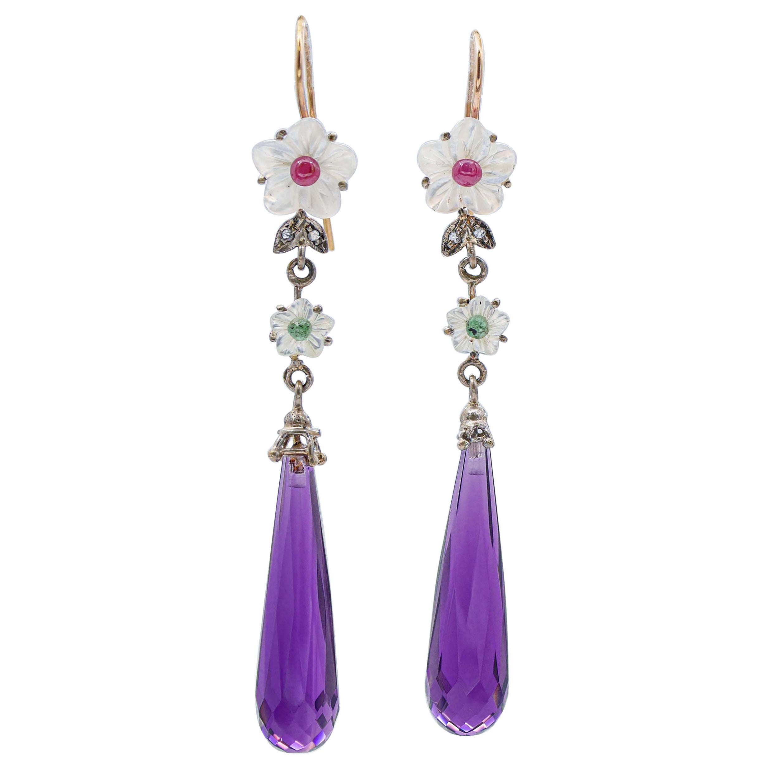 Amethysts, Emeralds, Diamonds, Rubies, White Stones, Gold and Silver Earrings For Sale