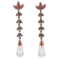 Vintage Quartz, Rubies, Diamonds, Rose Gold and Silver Earrings