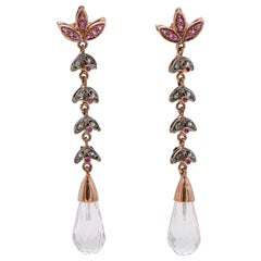 Quartz, Rubies, Diamonds, Rose Gold and Silver Earrings