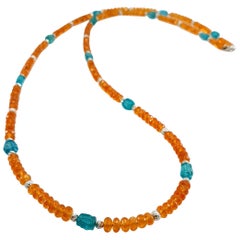 Orange Garnets and Paraiba Color Apatite Beads Necklace with 18 Carat White Gold