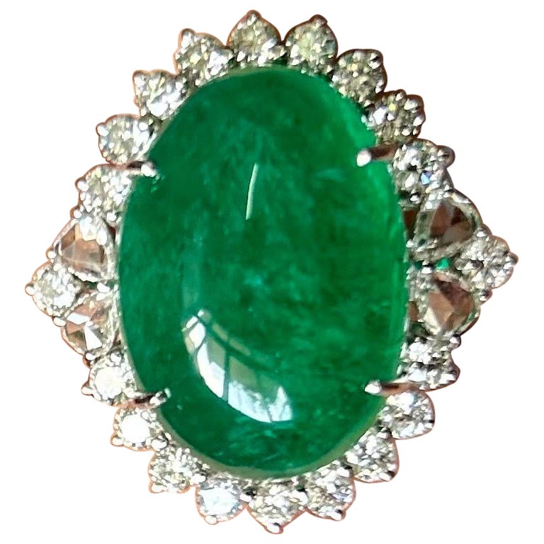 19.55 Carat Emerald Cabochon and Diamond Cocktail Engagement Ring For Sale