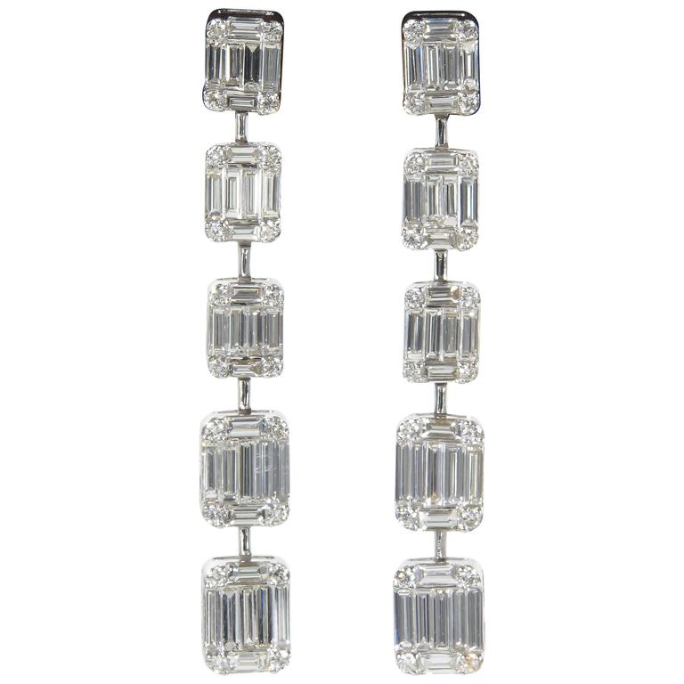 Amazing Emerald Cut Illusion Diamond White Gold Drop Earrings For Amazing Emerald Cut Illusion Diamond White Gold Drop Earrings For