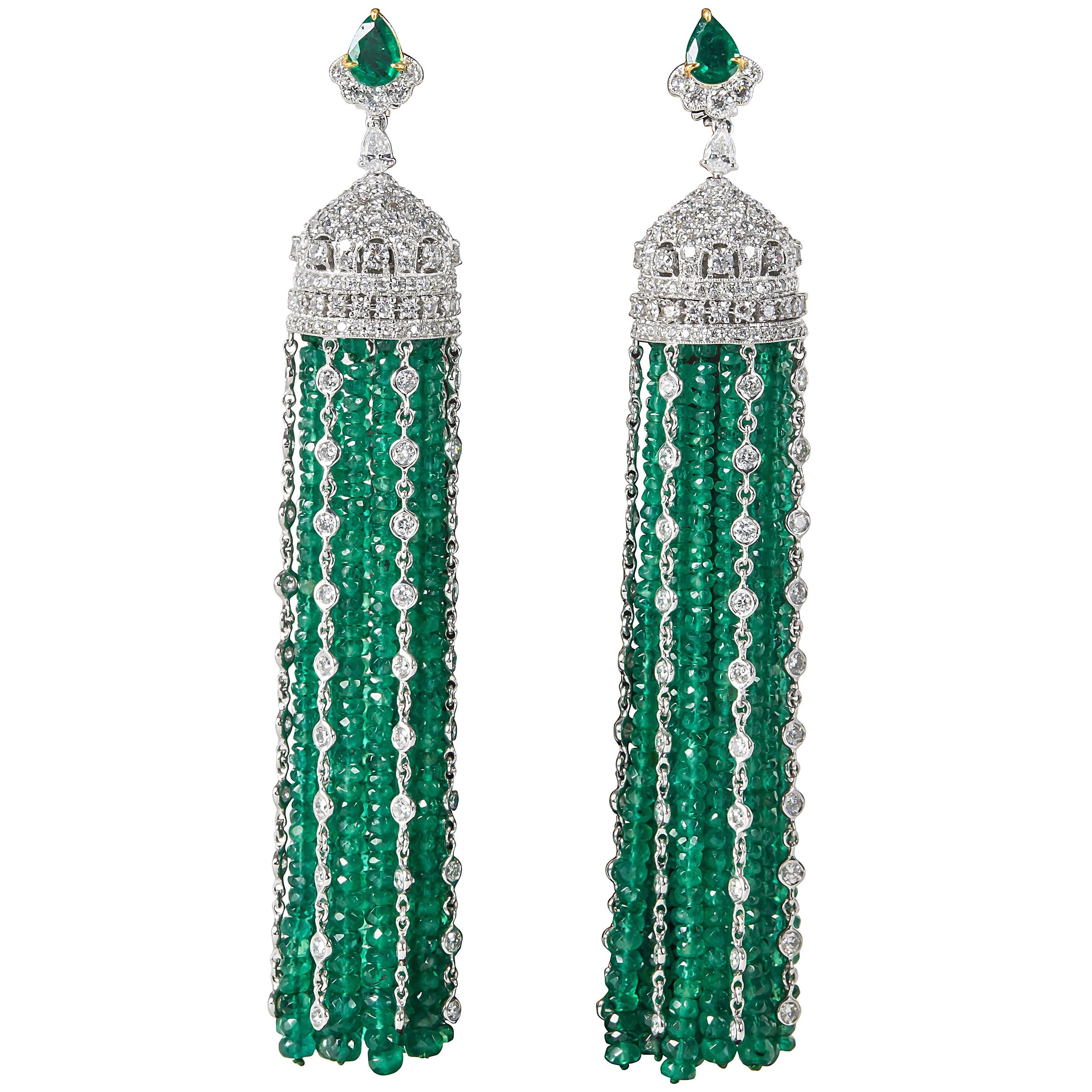 Important Emerald Diamond Gold Tassel Earrings