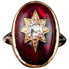 Antique Victorian 18k Gold Garnet Cabochon & Diamond Star Ring - C.1860