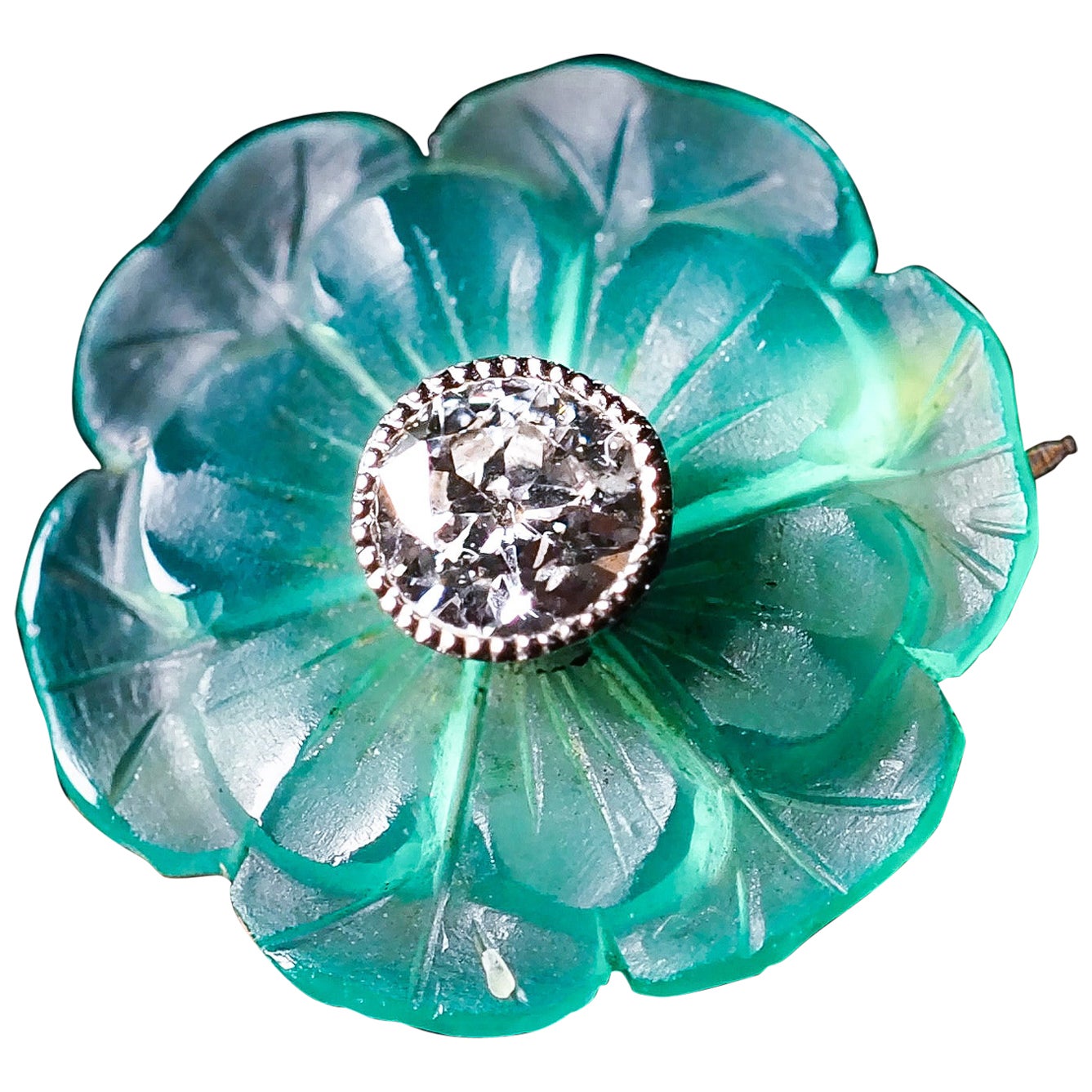 Diamond & Chalcedony Flower Brooch Translucent 15k Gold Floral Design For Sale
