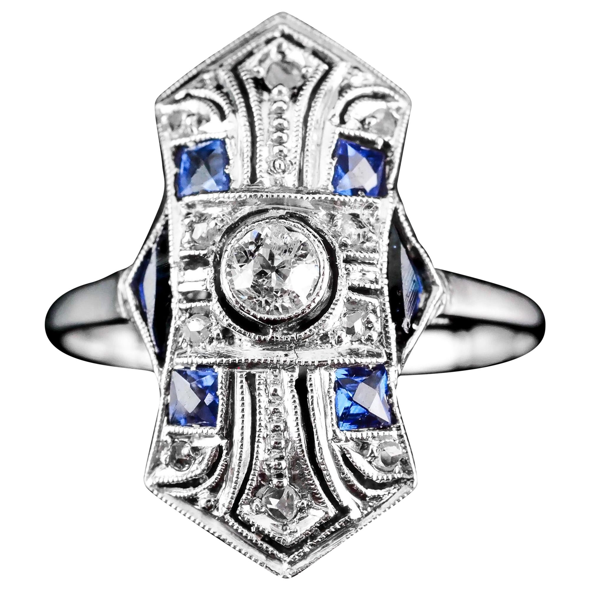 Antique Art Deco 18k White Gold Diamond & Sapphire Ring For Sale