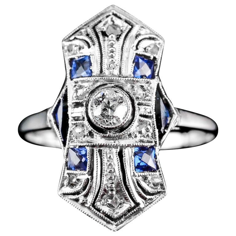 Antique Art Deco 18k White Gold Diamond and Sapphire Ring For Sale at ...