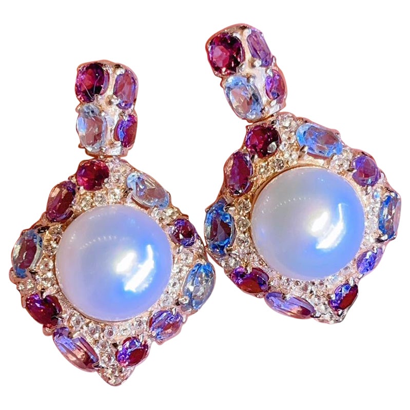 Bochic “Capri” South Sea & Fancy Color Gem Earrings set in 22K Gold & Silver  For Sale