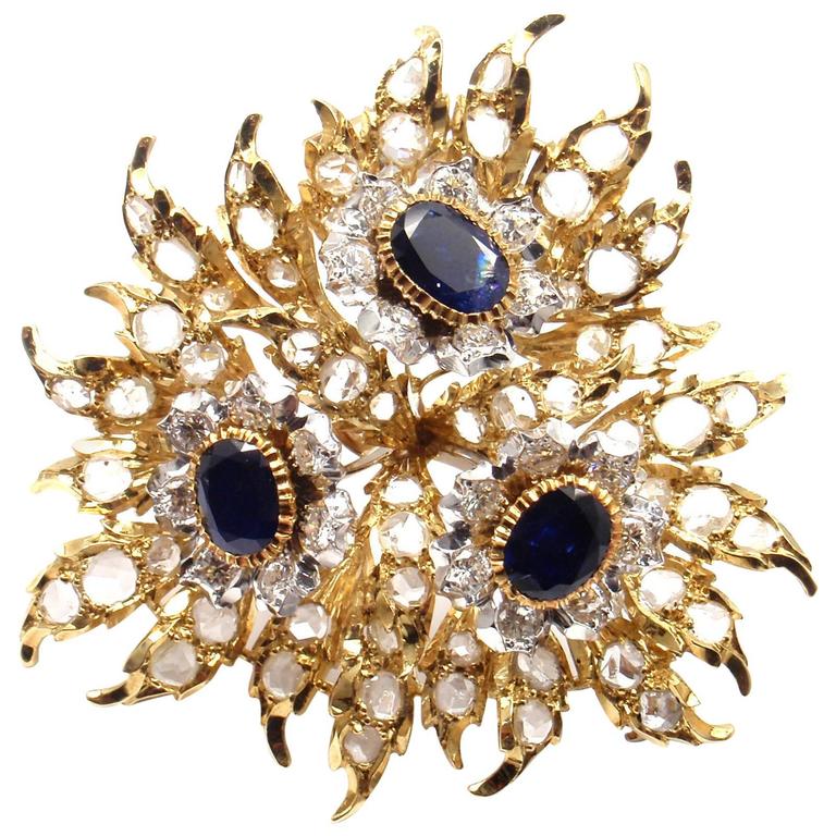 Buccellati 6 Carats Diamonds Sapphire Large Gold Pin Brooch For Sale at