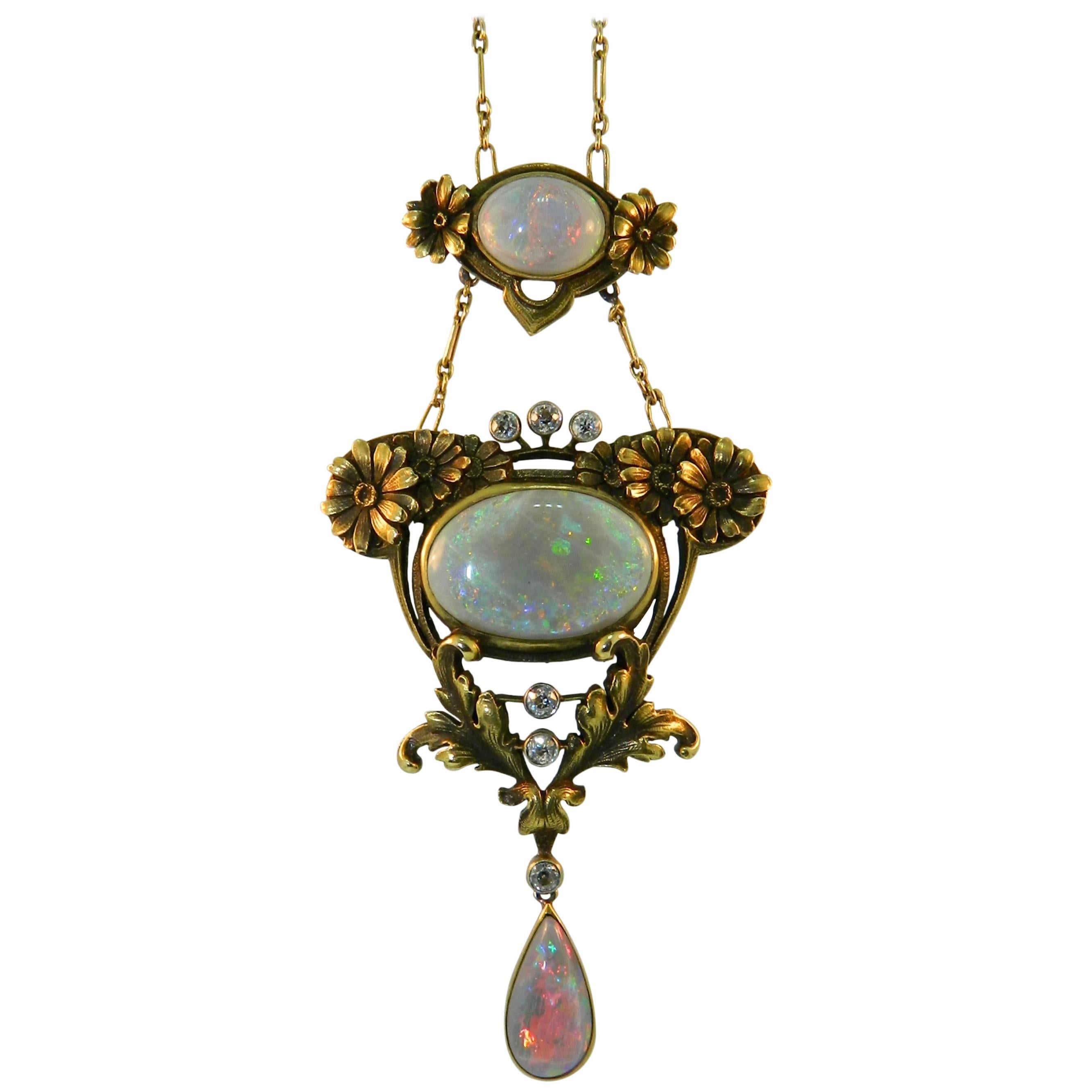 1900s Kohn & Company Art Nouveau Opal Diamond Gold Lavaliere Necklace 
