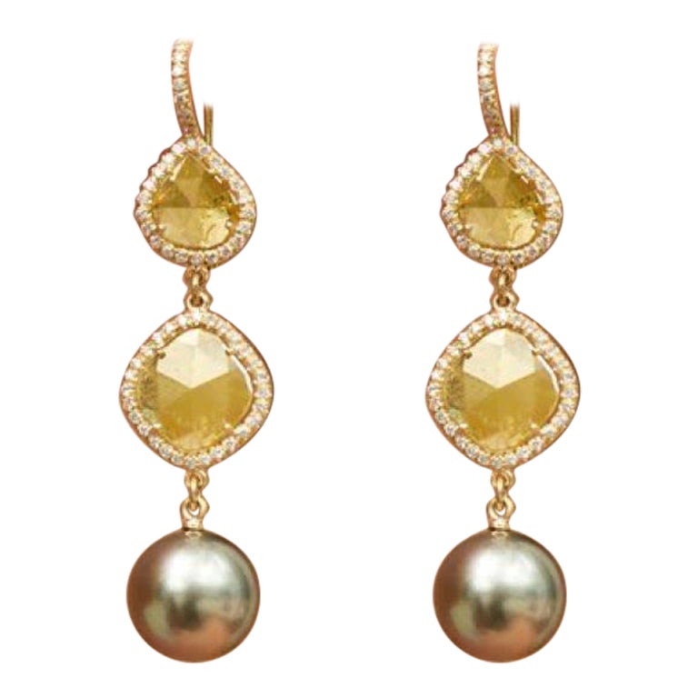 Handgefertigte gelbe Diamant-Ohrringe mit Tahiti-Perlen