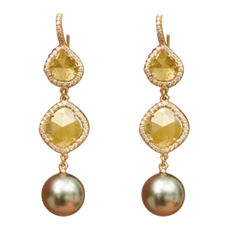 Handmade Yellow Diamond Slice Earrings with Tahitian Pearls For Sale at