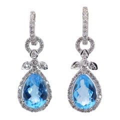 Luxurious 18k White Gold Dangle Earrings with 5 Carat Natural Topaz and Diamonds
