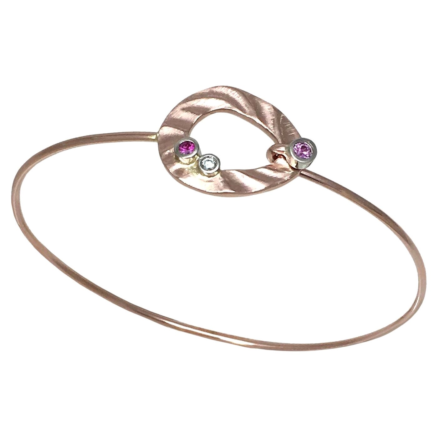 14k Rose Gold Open Pebble Bracelet with Sapphires and Diamond Accents, Size L For Sale