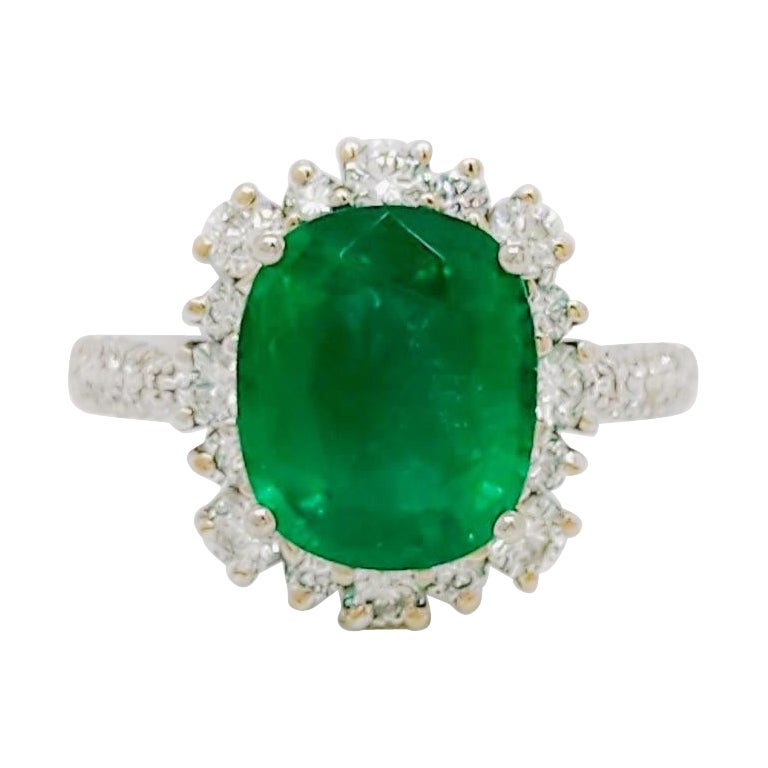 Emerald Oval and White Diamond Cocktail Ring in 18k White Gold