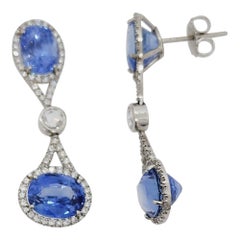 Blue Sapphire and White Diamond Dangle Earrings in Platinum