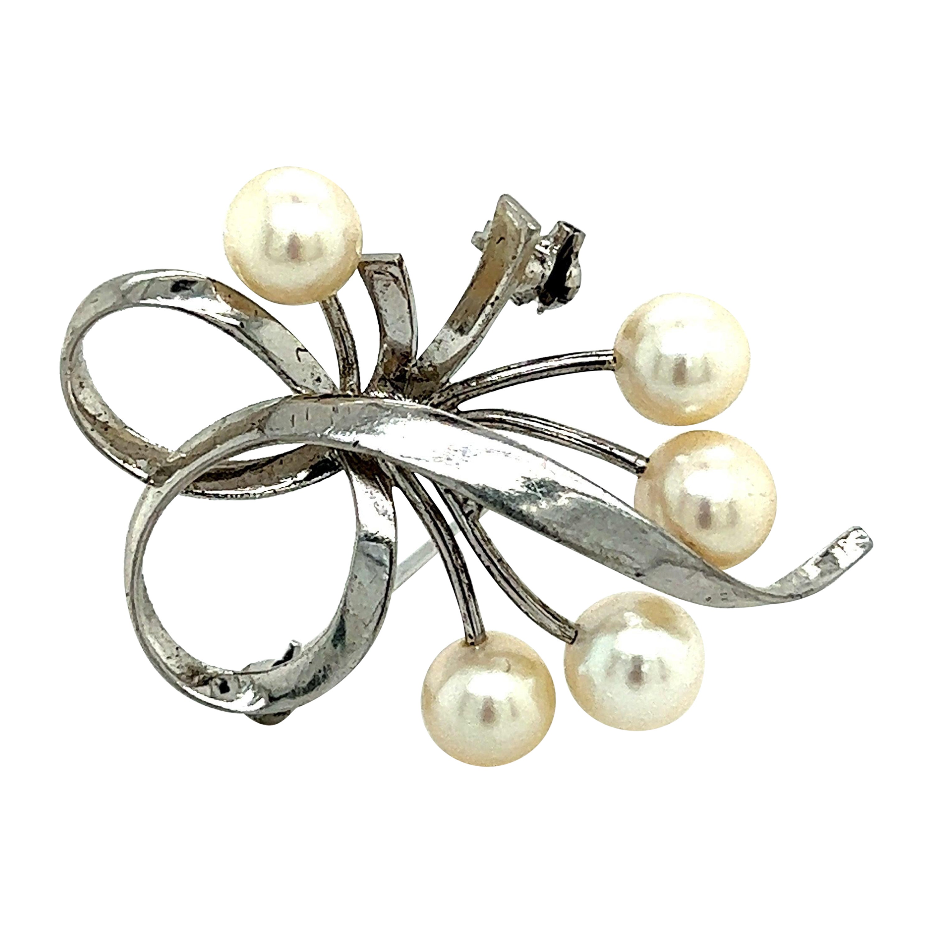 Mikimoto Estate Akoya Pearl Brooch Pin Sterling Silver For Sale