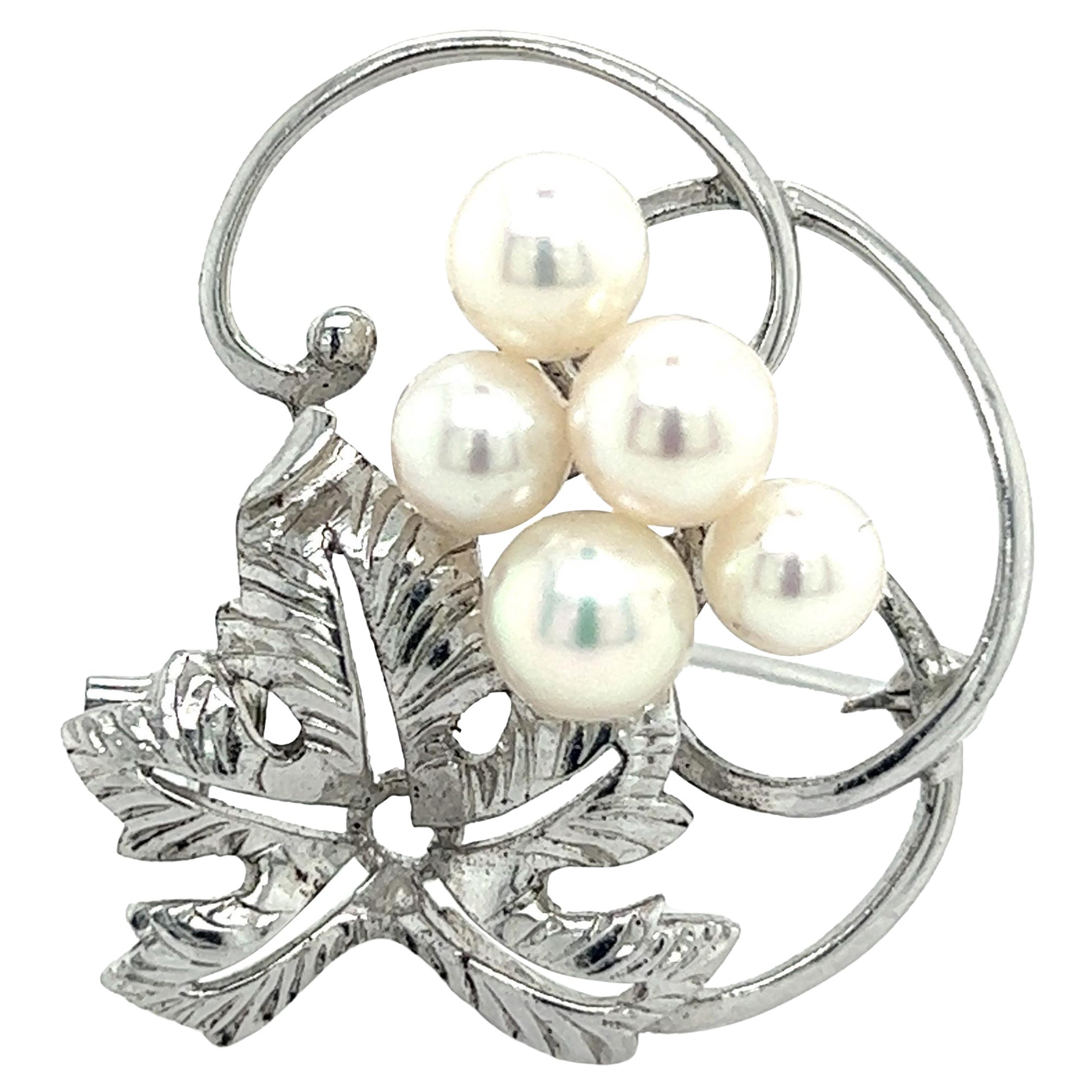 Mikimoto Estate Akoya Pearl Brooch Pin Sterling Silver  For Sale