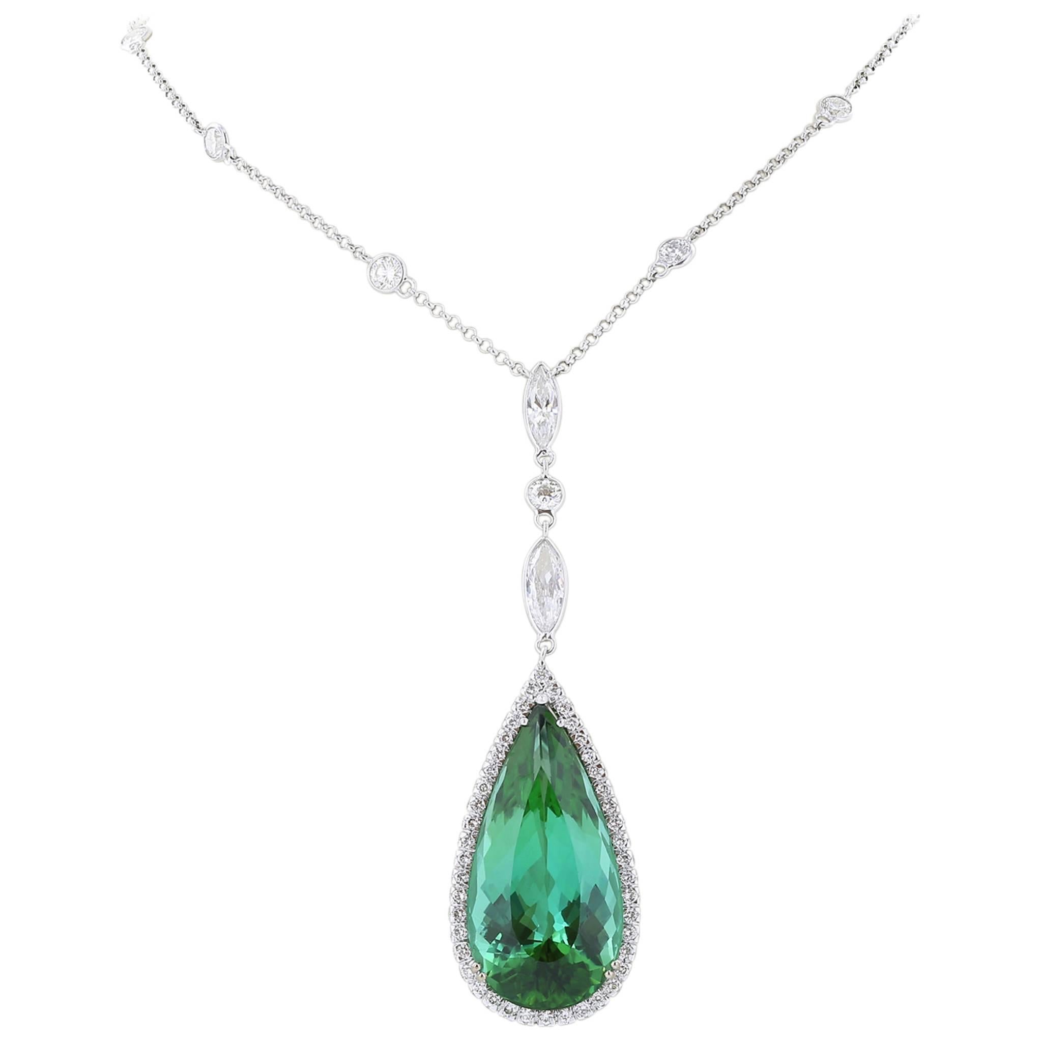 37.35 Carat Green Tourmaline Diamond Gold Necklace For Sale