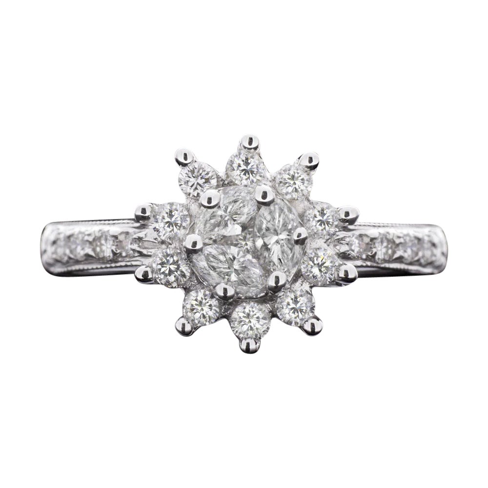 0.60 Carat Natural Diamond Cocktail Ring Cluster Illusion Halo 18k White Gold For Sale