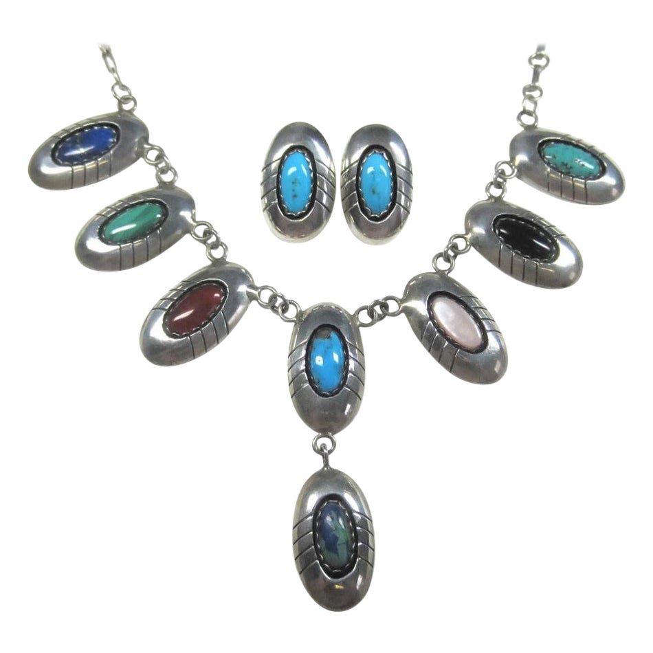 Estate Navajo Multi Stone Necklace and Earrings Native American Jewelry Set For Sale