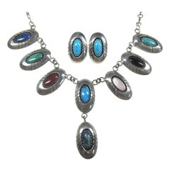 Used Estate Navajo Multi Stone Necklace and Earrings Native American Jewelry Set