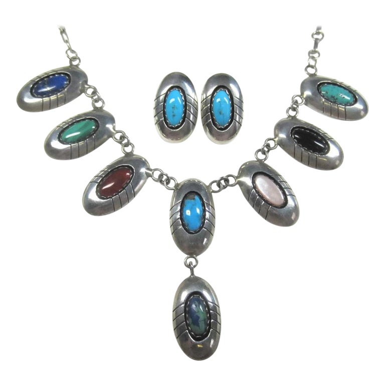 Estate Navajo Multi Stone Necklace and Earrings Native American