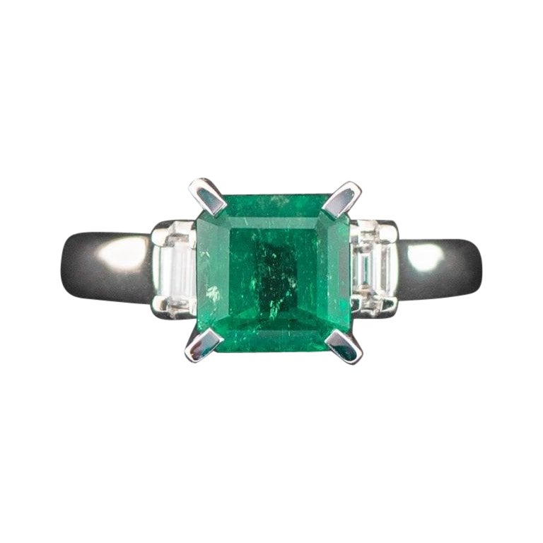 Platinum 2.06 Carat TCW Natural Emerald and Diamond Ring Size N For Sale