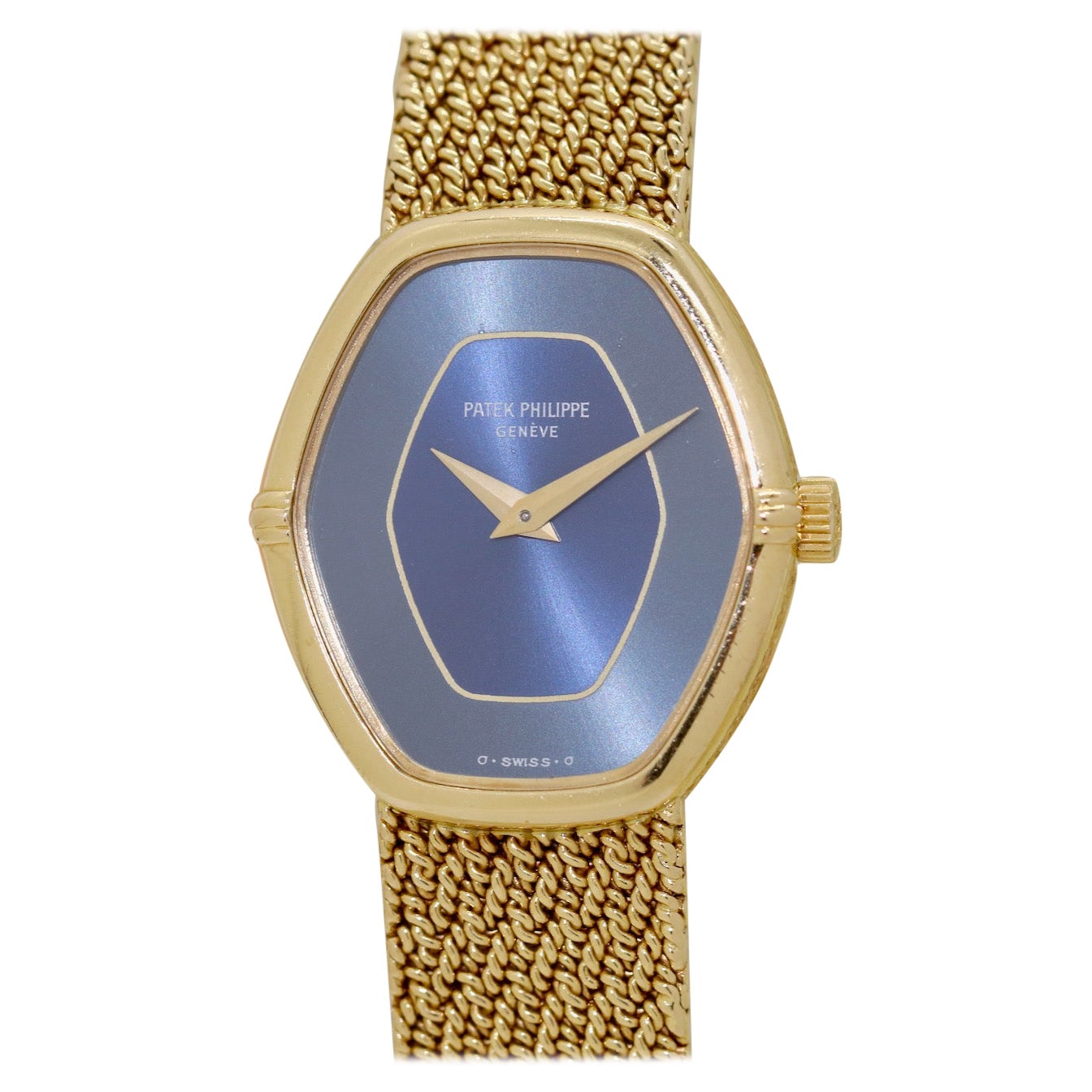 18 Karat Gold Vintage Damenarmbanduhr von Patek Philippe Ref. 4463 mit blauem Zifferblatt im Angebot