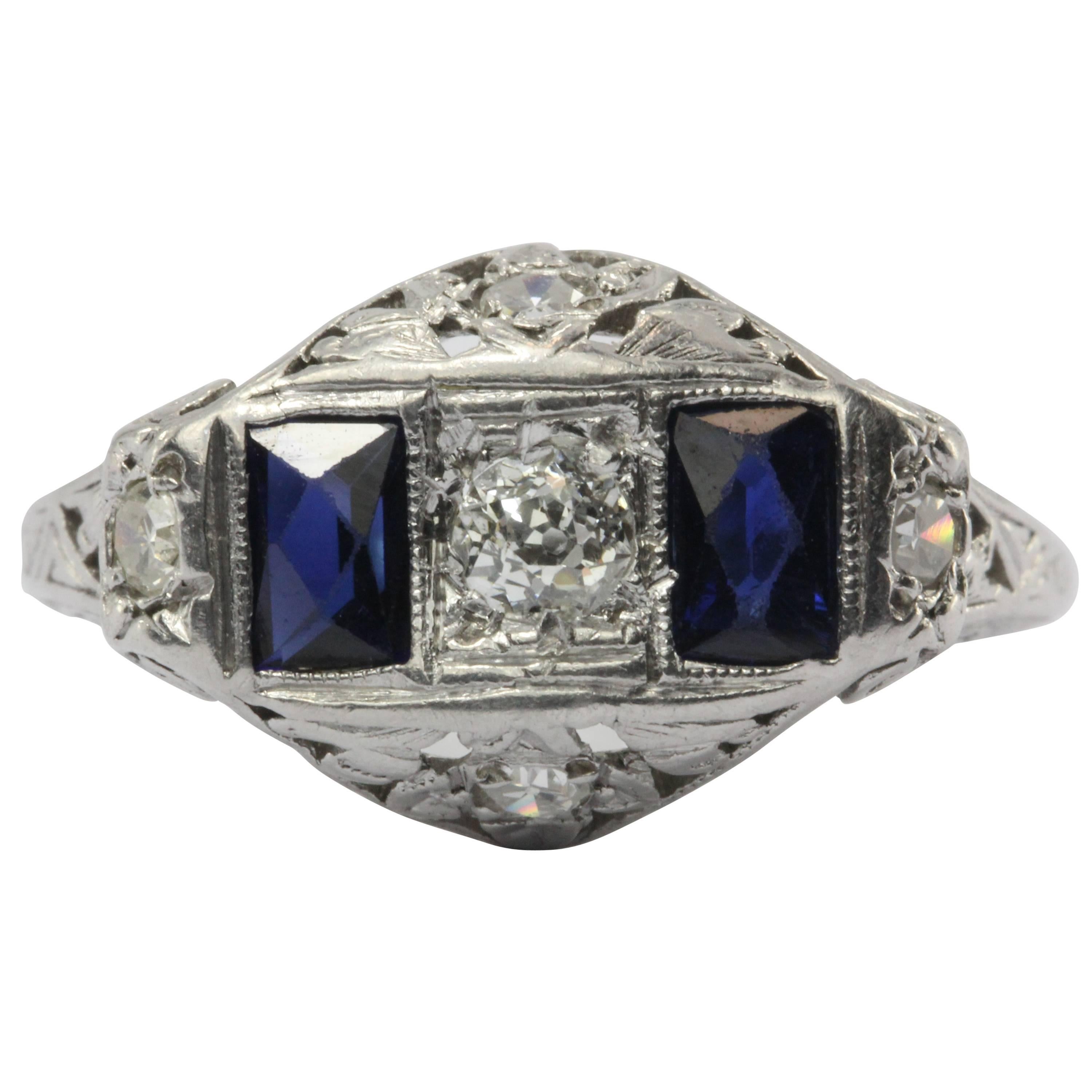 Art Deco Sapphire Old European Diamond Platinum Ring