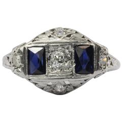 Art Deco Sapphire Old European Diamond Platinum Ring 1