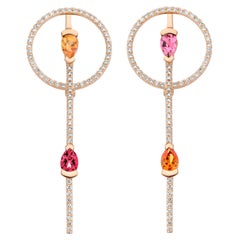 18k Rose Gold Mandarin Garnet, Tourmaline, Rubellite and Diamond Round Earrings 