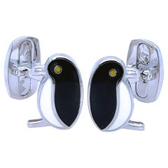 Black White Hand Enameled Penguin Shaped Sterling Silver Cufflinks