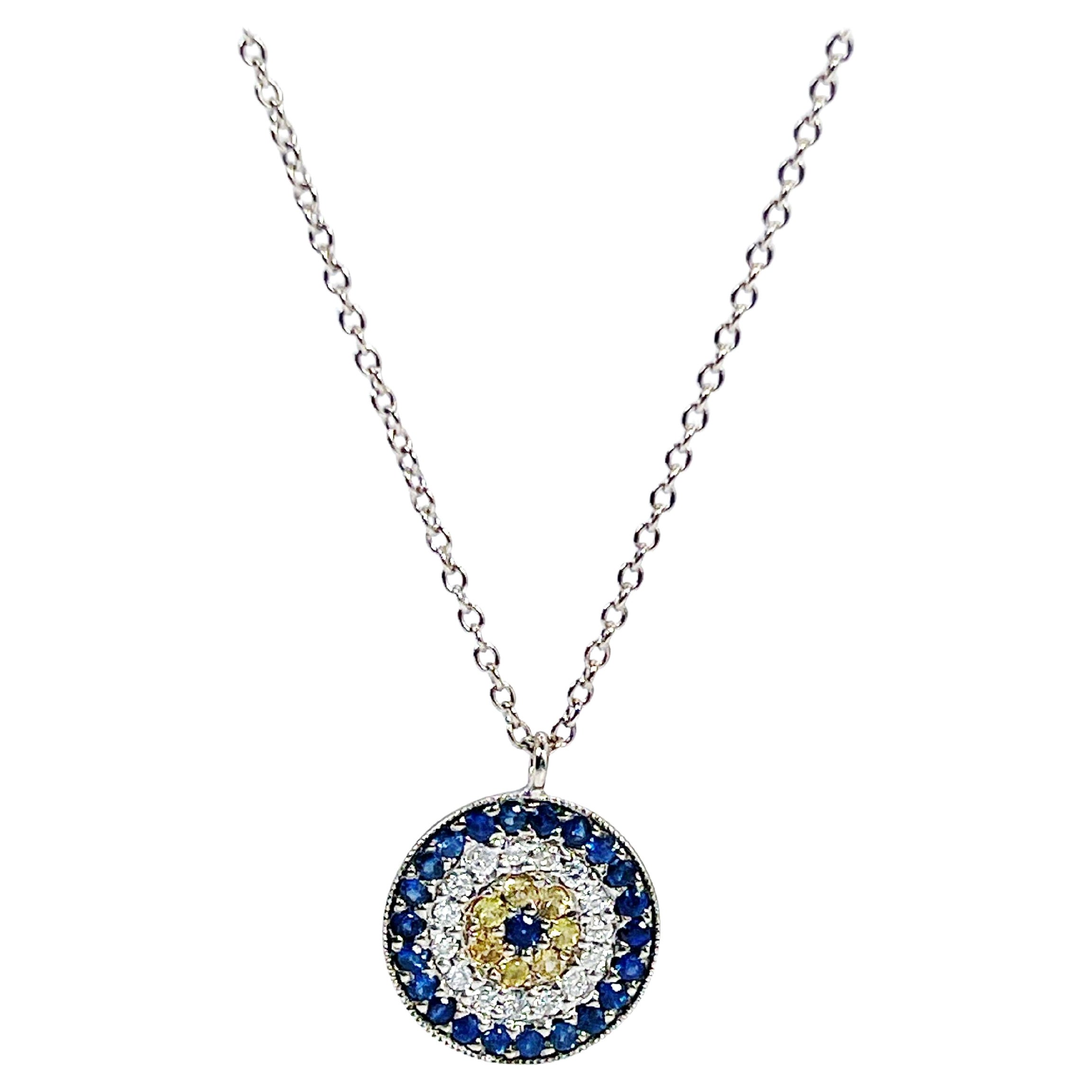 Evil Eye Diamond Pendant Necklace 14 Karat White Gold Dainty Pendant Necklace For Sale