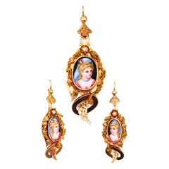 French 1860 Convertible Parure of Earrings and Pendant in 18kt Gold with Enamel
