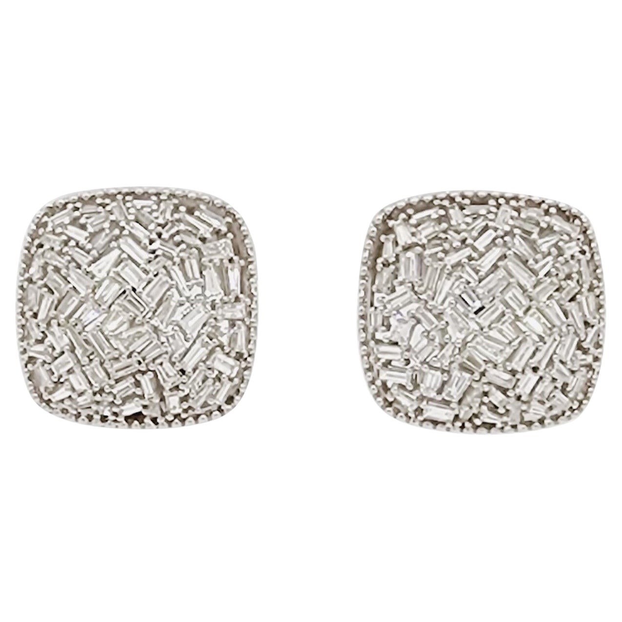 White Diamond Baguette Cluster Earrings in 18k White Gold For Sale