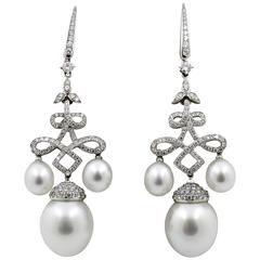 18 Kt Gold, South Sea Pearls 2.88 Ct Diamond Chandelier Earrings