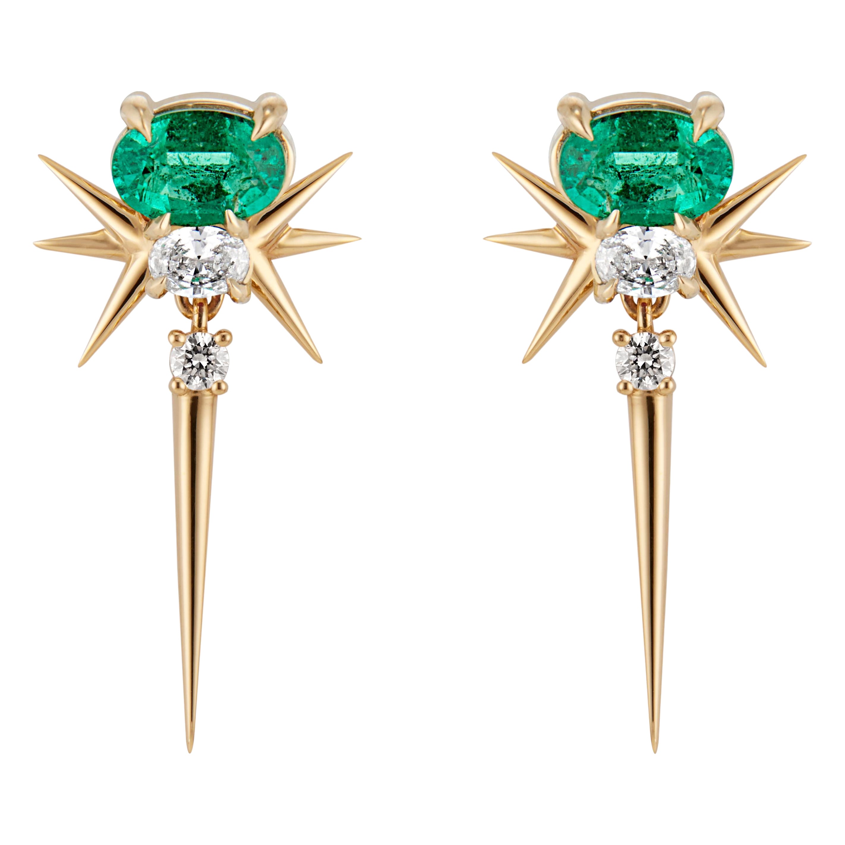 18k Yellow Gold Muzo Emerald & Diamond Drop Earrings For Sale