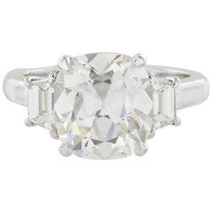 4.14 Carat GIA Cert Cushion Cut Diamond Platinum Three Stone Ring 2