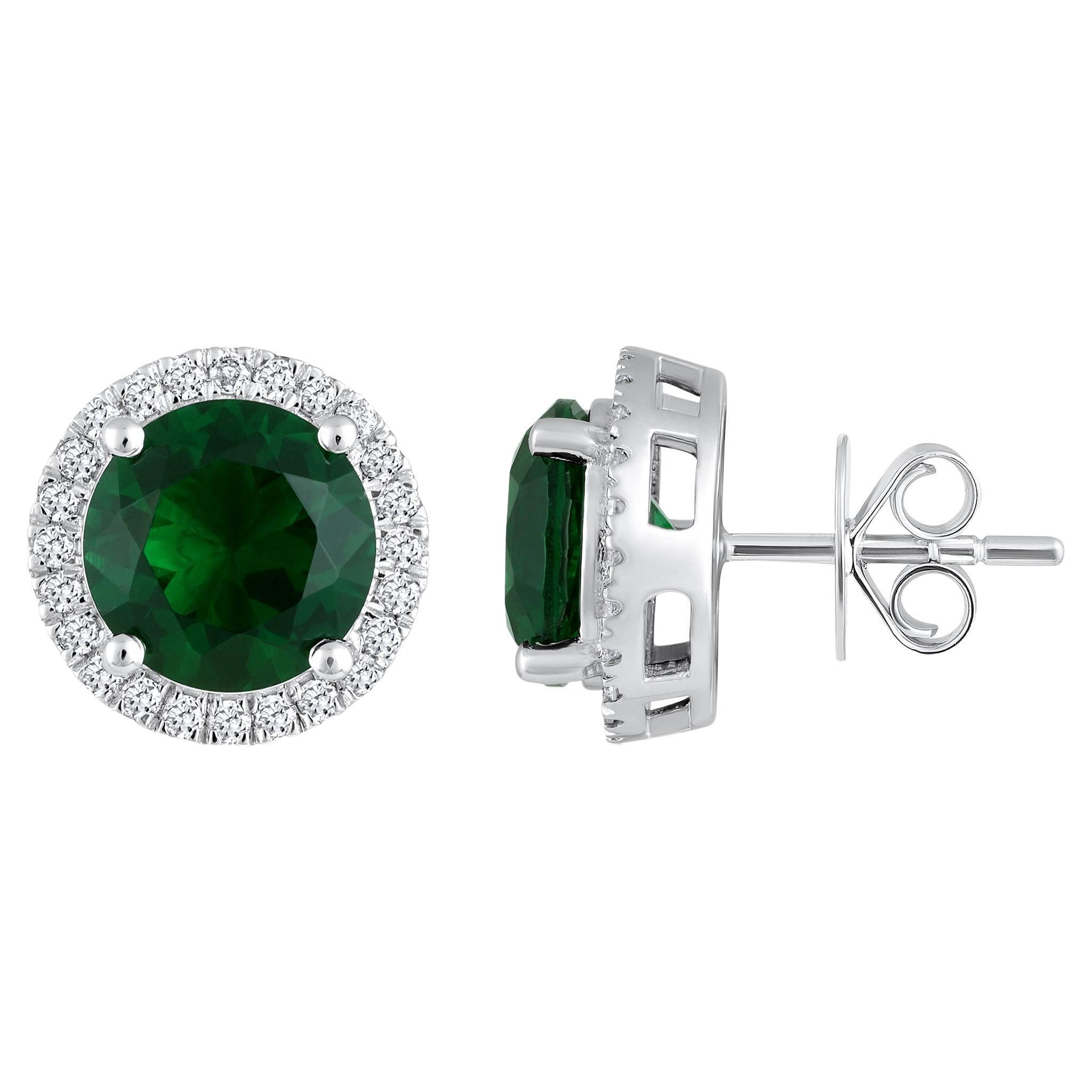 Certified 14k Gold 4.7ct Natural Diamond w/ Lab Emerald Solitaire Stud Earrings For Sale