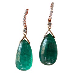 34.24 Carat Emerald Cabochon Drop and Diamond Dangle Earrings in 18k Gold