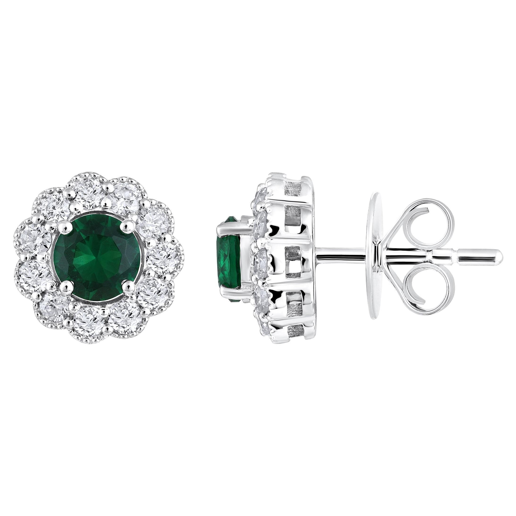 Certified 14k Gold 1.36ct Natural Diamond w/ Lab Emerald Round Stud Earrings For Sale