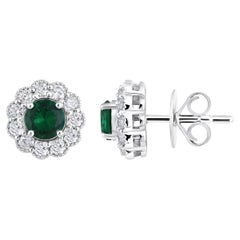 Certified 14k Gold 1.36ct Natural Diamond w/ Lab Emerald Round Stud Earrings