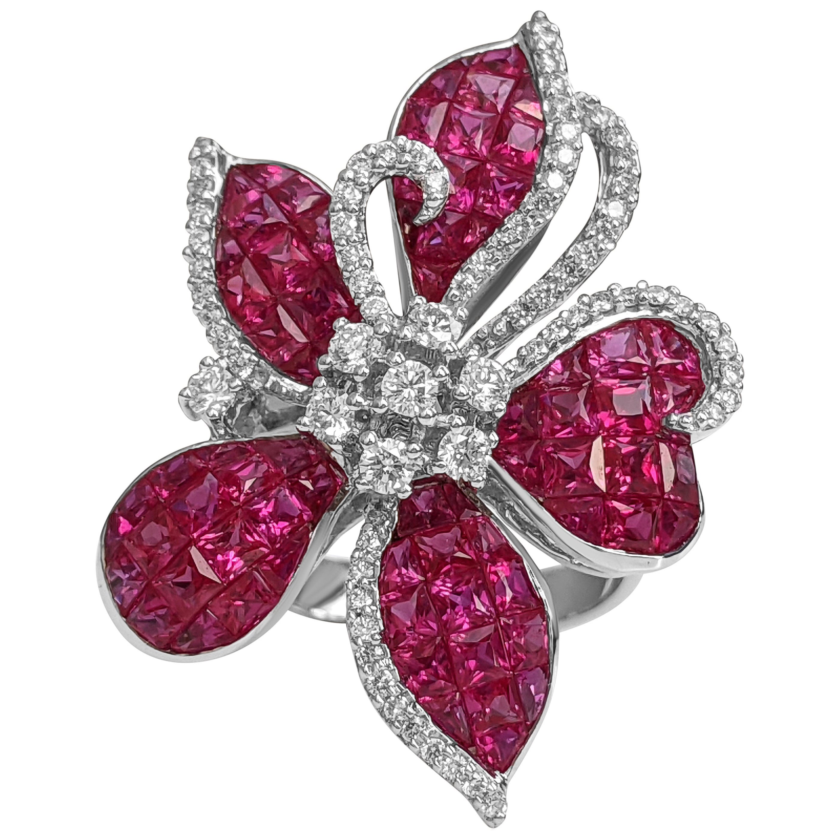 $1 NO RESERVE! - AAA 5.01 Carat Red Ruby & 0.63ct Diamonds, 18K White Gold Ring