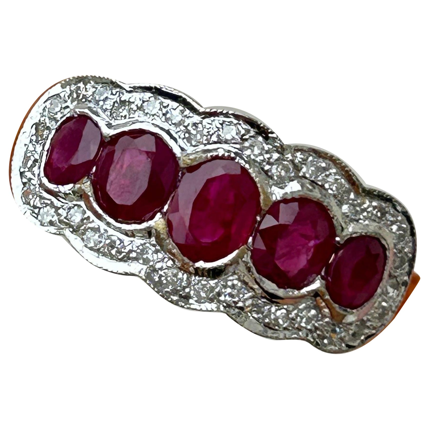 Chunky 18 Carat Yellow Gold Ruby and Diamond 5 Stone Ring For Sale