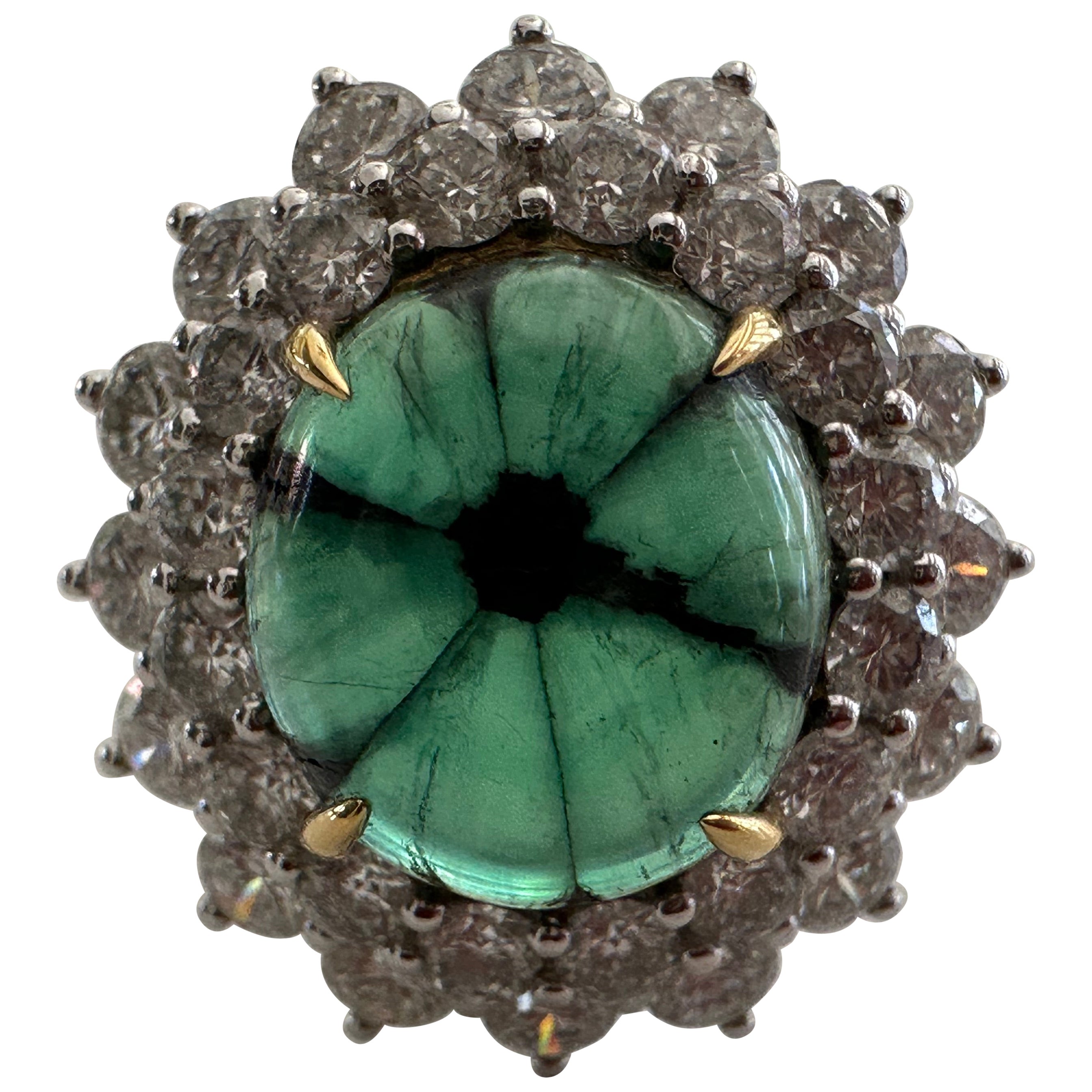 Estate Colombian Trapiche Emerald and Diamond Cocktail Ring For Sale