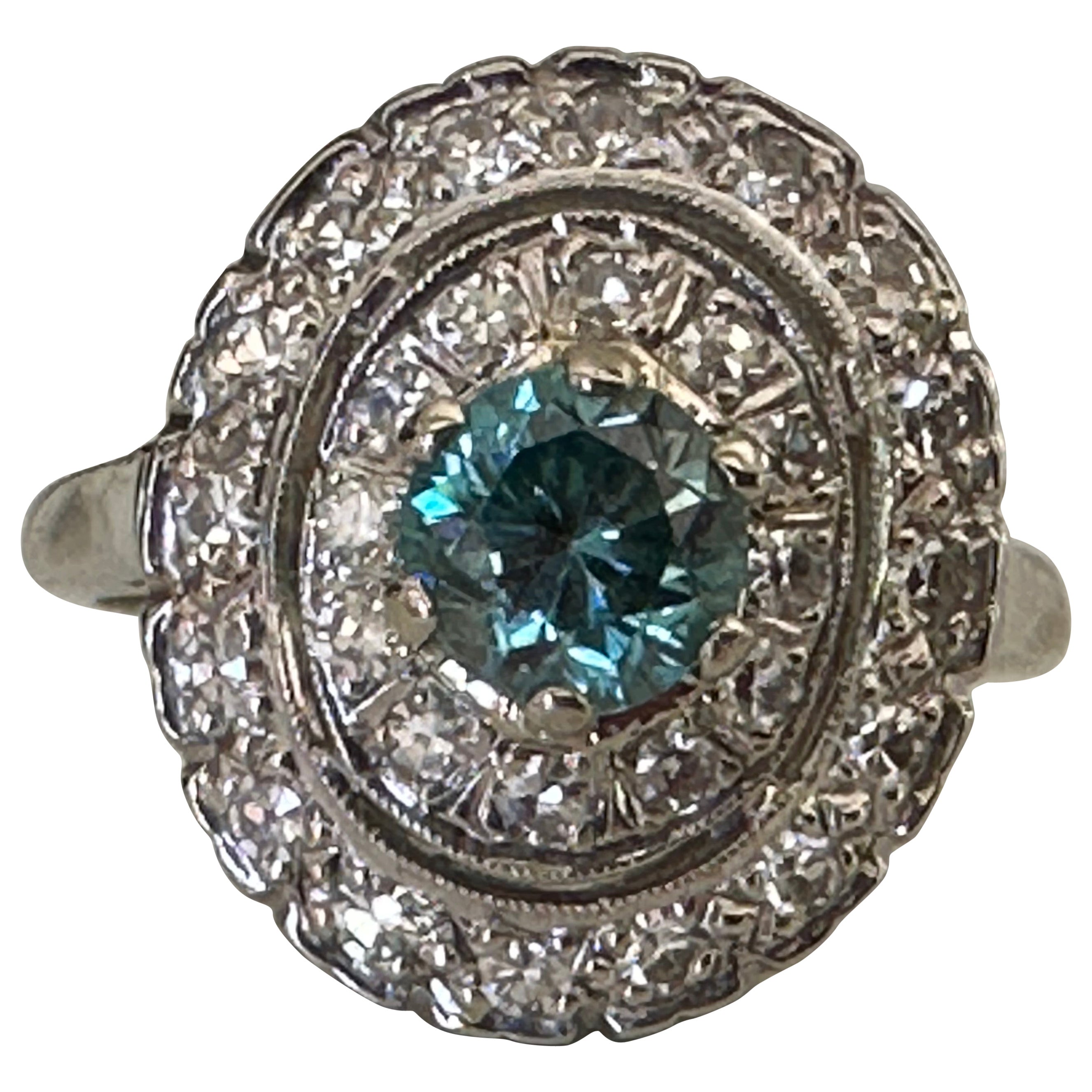 Estate Natural Blue Zircon and Diamond Double Halo Cocktail Ring  For Sale