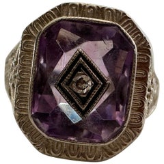 Retro Midcentury Purple Amethyst and Diamond Filigree Ring