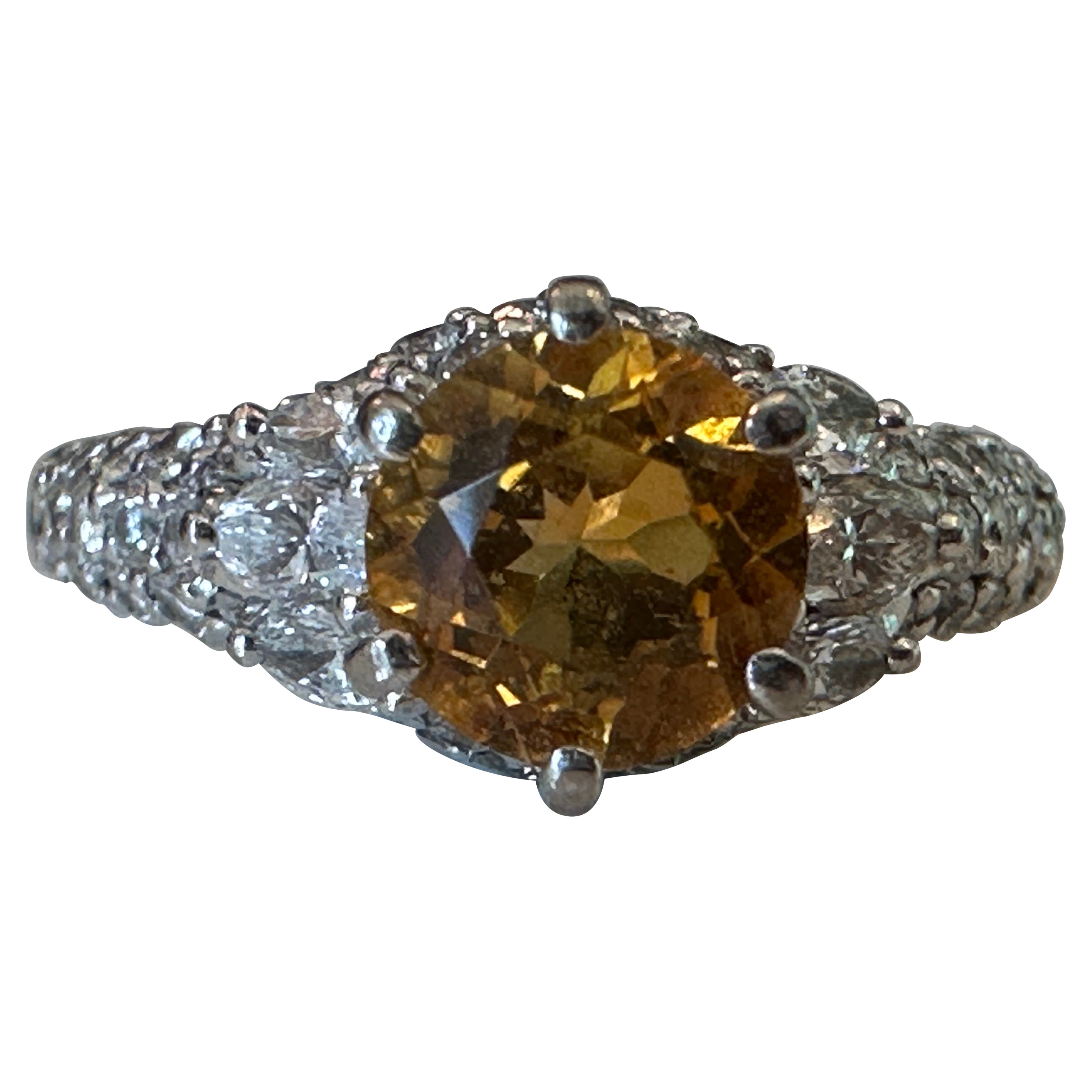 Estate Orange-Yellow Sapphire and Pave Diamond Ring For Sale