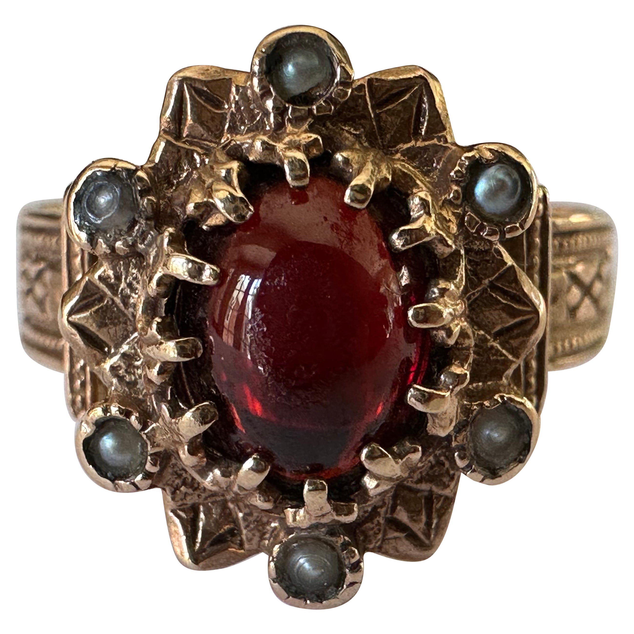 Antique Natural Cabochon Garnet and Seed Pearl Ring